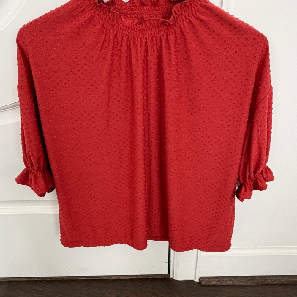 Madewell Red/Burnt Orange Swiss Dot Smocked Ruffle Neck Blouse